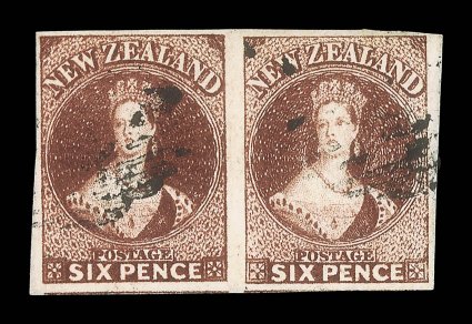 6d. red-brown (slightly worn impression), a horizontal pair with good to large margins, indistinctly cancelled, fine. Unlisted in Scott S.G. 122b, £2,250. provenance: H.
Gordon Kaye, April 1991