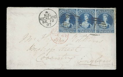 2d. deep blue Plate II, a superb horizontal strip of three [II, 5-7] tied by Auckland 1 duplex on 1867 (12 Sept.) envelope to Coventry, showing red London Paid c.d.s. (4.12)
additionally tying the strip with arrival d.s. (5.12) on reverse the