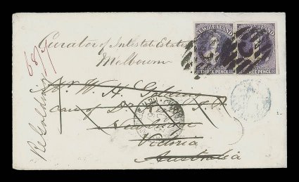 3d. deep mauve, two examples both with large margins, tied by C in oval of bars on 1867 (13 Dec.) envelope from Christchurch to Newbridge, Victoria, and redirected to
Melbourne, showing despatch c.d.s. and, on reverse, Newbridge (31.12) and Mel