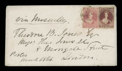6d. red-brown, with good to large margins, and perforated 4d. deep rose, both tied by duplex on 1866 (7 Mar.) envelope from Auckland to London, marked via Marseilles, showing
light London Paid c.d.s. (14.5) in red additionally tying the 4d.