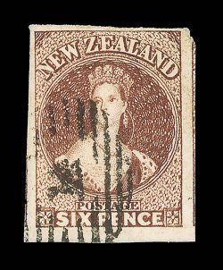 6d. dull red-brown (worn) with adequate to very large margins showing portions of two adjoining stamps, cancelled 14, fine. B.P.A. Certificate (1991). provenance: H. Gordon
Kaye, April 1991