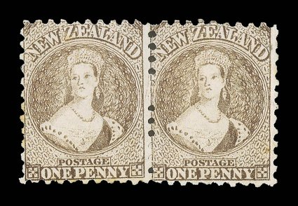 1d. brown, a horizontal pair with part original gum a few small faults and with manuscript 1d in ink on reverse of each, however of generally fine appearance and a rare
multiple of this rare stamp. R.P.S. Certificate (2006). Sc. 38 S.G. 1