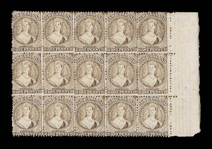 1d. brown, a marginal block of fifteen (5x3) from the right of the sheet, clearly illustrating the irregular staggered positions in the plate make-up, fresh color and with
large part original gum resulting in several stamps remaining unmounted mi