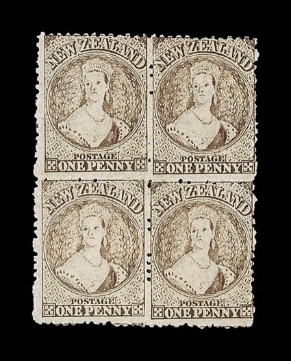 1d. brown, a block of four in a rich shade, fresh with large part original gum fine and scarce. Sc. 39 S.G. 132a, £760+.