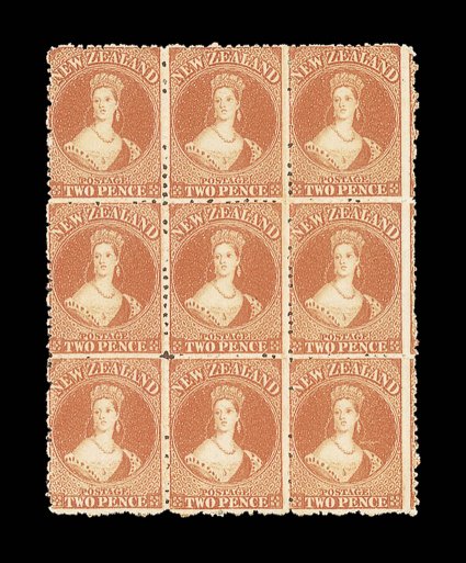2d. orange, a block of nine (3x3) in a lovely deep rich shade, fresh with large part original gum. A very fine, choice and most attractive multiple. Sc. 40 S.G. 133,
£1,440+.
