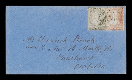 1873 (17 Sept.) envelope from Southbridge to Sandhurst, Victoria, bearing perf. 12½ 1d. brown and 2d. vermilion damaged plate impression sharing neat c.d.s., the reverse with
Christchurch (17.9), Melbourne (29.9) and Sandhurst (29.9) c.d.s. a ne