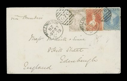 1873 (27 Sept.) envelope from Wellington via Brindisi to Edinburgh, bearing perf. 12½ 1d. brown very worn impression, 2d. vermilion and 6d. pale blue twice cancelled by 070
duplex, arrival c.d.s. (24.11) on reverse. A rare and attractive