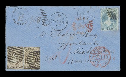 1873 (2 Aug.) envelope from Lawrence to Michigan, bearing perf. 12½ 6d. pale blue with small part indistinct cancellation, handstamped with circular detainedforpostage and
subsequently additionally franked with perf. 12½ 1d. brown pair