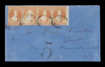 1872 (Oct.) envelope to London, Canada West, bearing perf. 12½ 2d. orange horizontal strip of three, Row 169-12 with [9] retouched, each lightly cancelled 0?8 in oval of bars
and showing more to pay 5 handstamp at foot, the rever