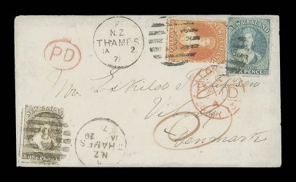1873 (2 Jan.) envelope from Thames to Viborg, bearing perf. 12½ 2d. orange and 6d. blue cancelled with a3 duplex and another indistinct cancellation, held for nearly three
weeks for an additional 1d. postage and subsequently franked with