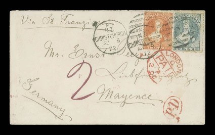 1872 (3 Aug.) envelope from Christchurch via Sn Francisco to Mayence, bearing perf. 12½ 2d. orange and 6d. pale blue twice cancelled with c duplex, showing manuscript 2 in
magenta ink, oval-framed p-d and London Paid c