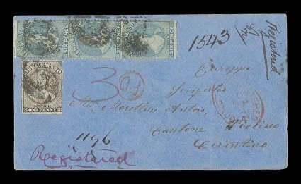 1872 (16 Sept.) envelope registered from Greymouth to Cenco, bearing perf. 12½ 1d. brown and 6d. pale blue vertical strip of three with indistinct cancellations, showing
manuscript 3 in magenta ink, circular-framed pd and London Reg