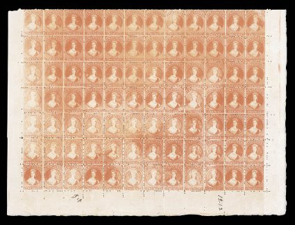 2d. vermilion block of eighty-four (12x7), being the complete lower seven rows of the sheet with full sheet margins, showing all thirty-six stamps which were inadvertently
damaged and retouched, fresh bright color with the resultant damaged posit