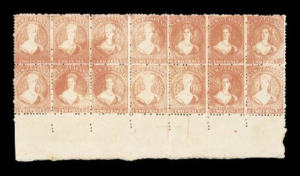 2d. vermilion, a marginal block of fourteen (2x7) from the foot of the sheet, Rows19-203-9 with all but three stamps retouched, fresh with large part original gum some brown
spotting on gum and a few light fox marks which just show through to f