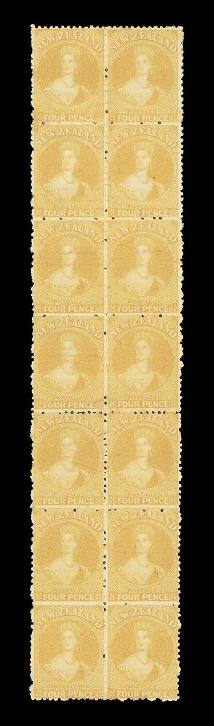 4d. orange-yellow, a block of fourteen (2x7) with the left-hand vertical column showing a virtually complete impression of the t.h. saunders papermakers watermark in
double-lined capitals which shows through clearly to face, fresh with l