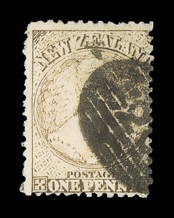 1d. brown showing part u and large part n of papermakers watermark in double-lined capitals, inverted and reversed, neatly cancelled with part 2? in oval of bars sound.
R.P.S.N.Z. (1996) and R.P.S. (2007) Certificates. Sc. 47 va