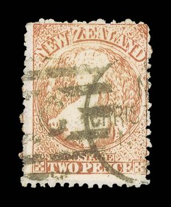 2d. vermilion retouched, Row 206, showing small part W of WT&Co papermakers watermark in script letters, cancelled with parts of Christchurch c.d.s. and c in oval of bars fine
and very rare on a retouched stamp. Sc. 48 var.