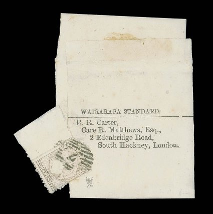 Large part undated Wairarapa Standard wrapper from Wellington to London, bearing 1d. brown marginal example from the left of the sheet, cancelled and tied by 7 obliterator, no
other postal markings the adhesive with a thin in the margin