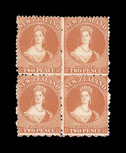2d. vermilion, a block of four with watermark inverted, fresh bright color and with part to large part original gum. A brilliant and rare block. Holcombe (1988) and R.P.S.
(2006) Certificates. Sc. 46 S.G. 141, £4,000+. provenance: G.H. B