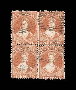 2d. vermilion, a block of four with watermark inverted and reversed, each cancelled 8 at Wanganui a few separated perfs., one with a short tear and a few light creases, none
affecting the fine appearance of this exceptionally rare block. Sc. 4