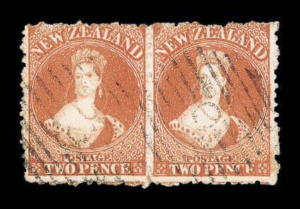 2d. vermilion, a horizontal pair, Row 45-6, with complete i horizontally across both stamps, each neatly cancelled with Southland District 6 in circle of bars. Rare and highly
attractive. Sc. 50 S.G. 142, £1,000+. provenance: 