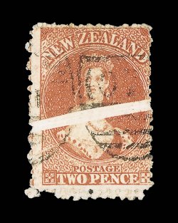 2d. vermilion with double row of perforations at foot and with notable horizontal paper fold at center with a further small paper crease below, neatly cancelled with portions
of the Wellington 070 duplex lower left corner perforation fragile,