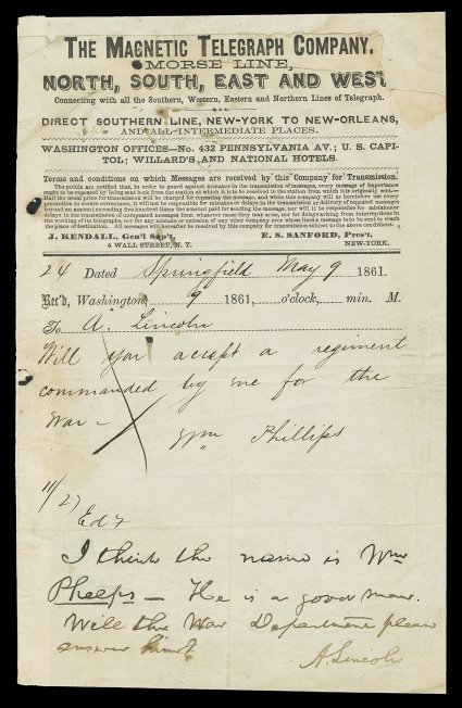 Abraham Lincoln (1809-1865), 16th President of the United States, his signature A. Lincoln as President on one page, 5x8 (Washington, D.C.) telegram sent from Springfield, Ill.
to Lincoln on May 9, 1861, being a Magnetic Telegraph Company fo