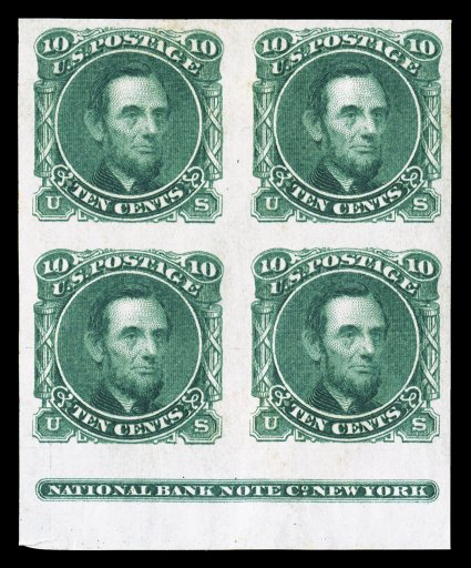 116-E1k, 116-E1l, 10c Lincoln, unadopted design, plate proof essays on stamp paper, a handsome selection of five different blocks of four, four being imperforate in Deep green,
Blue, Ultramarine and Dark ultramarine, all four are sheet margin ex