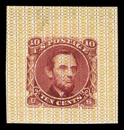 115-E5b, 10c Lincoln, unadopted design, large die essay in Carmine on orange and red Safety Paper, with Ty. 3 (banknote type) underprint, 31x33mm, small hinge translucent spot,
still very fine and believed to be unique.