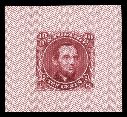 115-E7b, 10c Lincoln, unadopted design, large die essay in Carmine on scarlet Safety Paper, with Ty. 5 (wavy lines) underprint, 38x35mm, minute facial rub at top edge, very
fine and believed to be unique.
