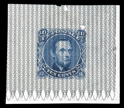 115-E8b, 10c Lincoln, unadopted design, large die essay in Blue on black Safety Paper, with Ty. 6 (wavy lines) underprint, 44x39mm, small faults quite common to this frail
paper, including a couple of minor facial scuffs, otherwise very fine and