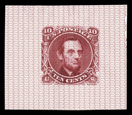 115-E10b, 10c Lincoln, unadopted design, large die essay in Carmine on scarlet Safety Paper, with Ty. 8 (wavy lines) underprint, 35x41mm, faintest trace of an inconsequential
thin spot, very fine and believed to be unique ex-Juhring.