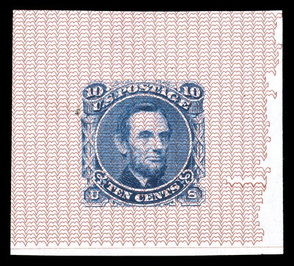 115-E10b, 10c Lincoln, unadopted design, large die essay in Blue on scarlet Safety Paper, with Ty. 8 (wavy lines) underprint, 42x38mm, just the faintest trace of a minute thin
spot, very fine and an incredibly handsome and colorful combination
