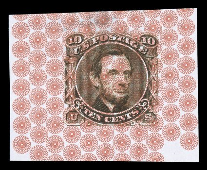 115-E14b, 10c Lincoln, unadopted design, large die essay in Sepia on scarlet Safety Paper, with Ty. 16 (multiple rosettes) underprint, 39x32mm, couple of hinge thin spots,
otherwise very fine a striking and rare essay believed to be unique.<