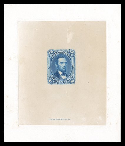 77TC1, 15c Deep blue, large die trial color proof on India, die sunk on 83x97mm card, showing full die sinkage, with National Bank Note Company imprint at bottom, some small
facial scrapes at top of India paper away from die, India paper faint