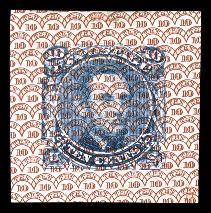 115-E19b, 10c Lincoln, unadopted design, large die essay in Blue on scarlet Safety Paper, with Ty. 24 (multiple TEN 10) underprint, 29x30mm, striking bright colors, very fine
another visually stunning and unique safety paper essay ex-F