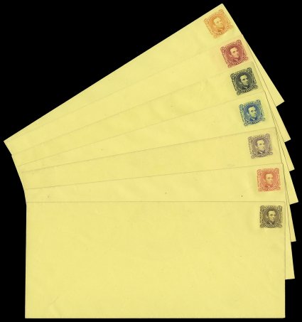 Undersander E39A-hq, 10c Lincoln, unadopted design, envelope essays on canary laid paper, 223x100, a remarkable complete set of the seven different known major colors of the
imprinted 10c design, the seven colors are: carmine, orange, vermili