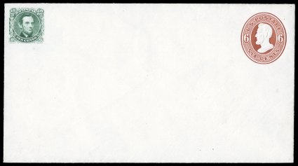 Undersander E39A-w, 10c Lincoln, unadopted design, envelope essay in combination with 1870 6c Reay imprinted envelope (U85), the 10c design at left printed in green on white
colored envelope (UPSS size 10, knife 50, watermark 2), exceptionally