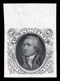 122-E2b, 90c Washington, unadopted design, imperforate plate essays on stamp paper, two singles in different colors, with frames in Dull violet (top sheet-margin single) and
Red brown, both well margined, very fine.