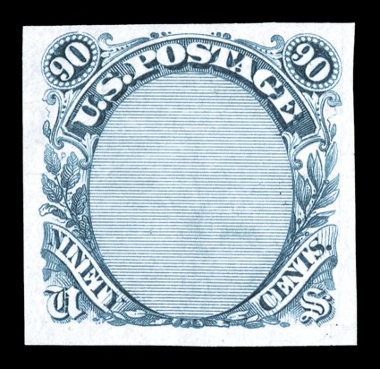 122-E3, 90c Frame only, imperforate plate essays on stamp paper, three examples in different colors, Red brown, Navy blue and Dark blue green, each with four large margins, two
with trivial hinge thin spots, overall very fine.