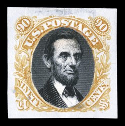 122-E4a, 90c Lincoln, Yellow and black die essay on India, with black vignette mounted in place, stamp size, four huge and well balanced margins, small thin spots, very fine
appearance an especially rare essay.