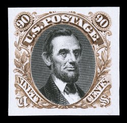 122-E4a, 90c Lincoln, Red brown and black die essay on India, with black vignette mounted in place, stamp size, four extravagantly large margins, extremely fine an especially
handsome and rare essay.