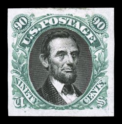 122-E4a, 90c Lincoln, Deep blue green and black die essay on India, with black vignette mounted in place, stamp size, large to very large margins all around, very fine and
exceptionally rare ex-Lake Shore.