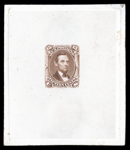 77TC1, 15c Red brown, large die trial color proof on India, die sunk on 70x81mm card, showing full die sinkage, without imprint at bottom, small faults to the card (primarily
mounting flaws on reverse), the India proof itself is very fine large