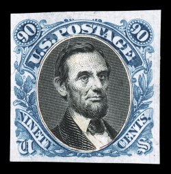 122-E4a, 90c Lincoln, Dark navy blue and black die essay on India, with black vignette mounted in place, stamp size, four full to large margins, very fine and rare 1993 PSE
certificate.