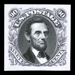 122-E4a var., 90c Lincoln, Dull violet (plum) and black die essay on India, with black vignette mounted in place, stamp size, four extravagantly large margins, extremely fine
an especially rare essay in this unlisted color.
