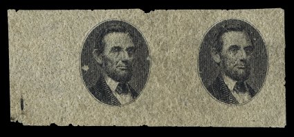 122-E4b, (90c) Lincoln, black vignette only plate essay on rough pitted thick gray paper, left sheet-margin horizontal pair of this most unusual and rare essay, the vignette
being the one used on the 15c 1861 Issue, trivial edge nicks and a coup