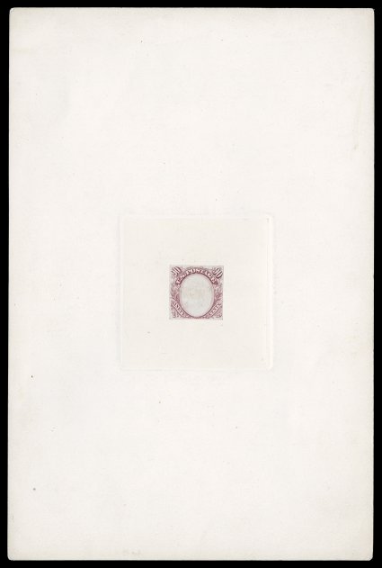122-E5c, 90c Frame only, die essay in Rose red on India, three lines at top, two lines at bottom, mounted hybrid style surrounded by a block sunk area in center of large card
measuring 150x227mm, minor surface thin in center of essay (suggesting