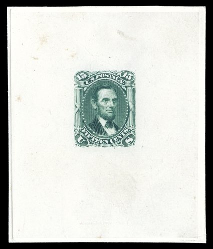 77TC1, 15c Blue green, large die trial color proof on India, die sunk on 64x76mm card, showing full die sinkage, without imprint at bottom, small faults to the card on the
reverse only (primarily mounting adhesions and thin spots), the India pro
