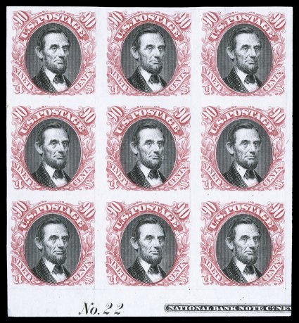 122P3, 90c Carmine and black, plate proof on India, bottom sheet-margin partial imprint and plate No. 22 block of nine, exceptionally wide margins all around, strong vibrant
colors, a couple of stamps with trivial thin specks, overall very fin